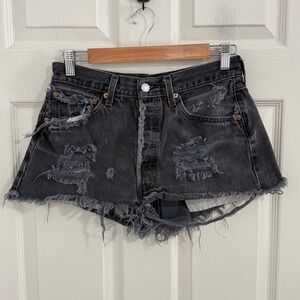 Levis 501 Distressed Cutoff Micro Mini Shorts Black Hi Rise Button Fly Womens 28